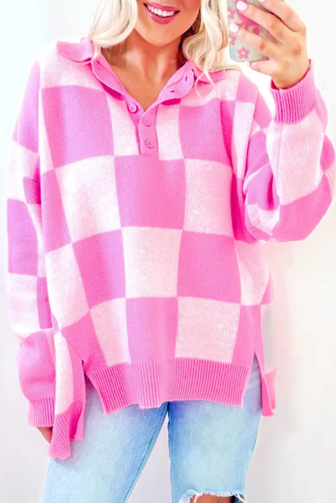 'Galena' Pink Checkered Sweater - Celes Fashion